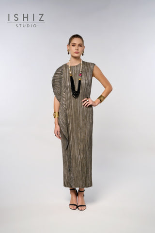 Italian Pleated Elegant Metallic Dress