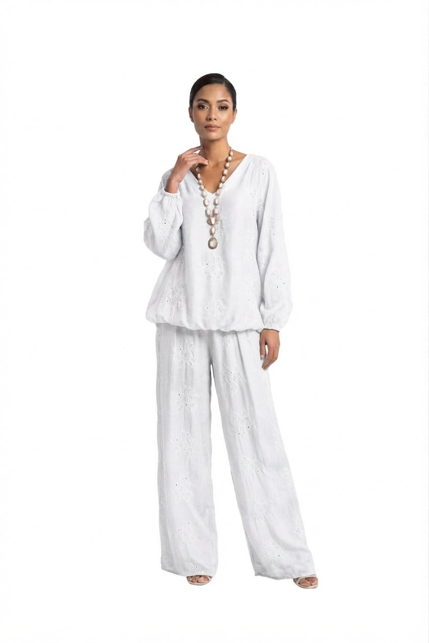 Schiffli Embroidered V-Neck Silk Set