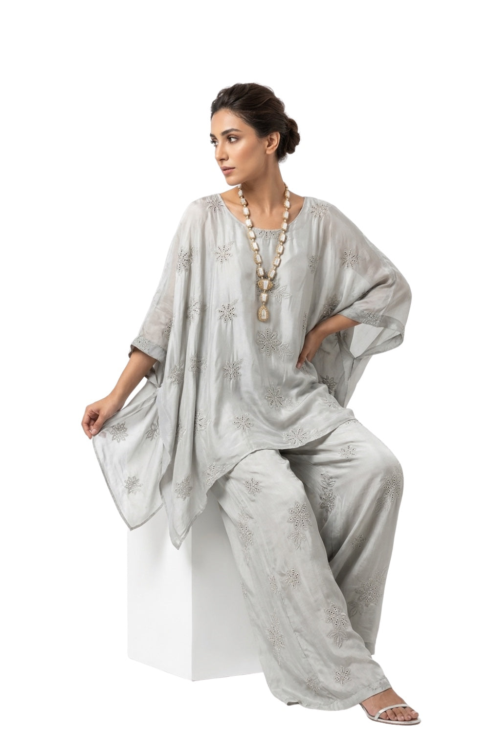 Schiffli Embroidered Round Neck Set