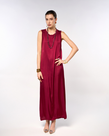 Italian Satin Plain Sleeves Long Dress