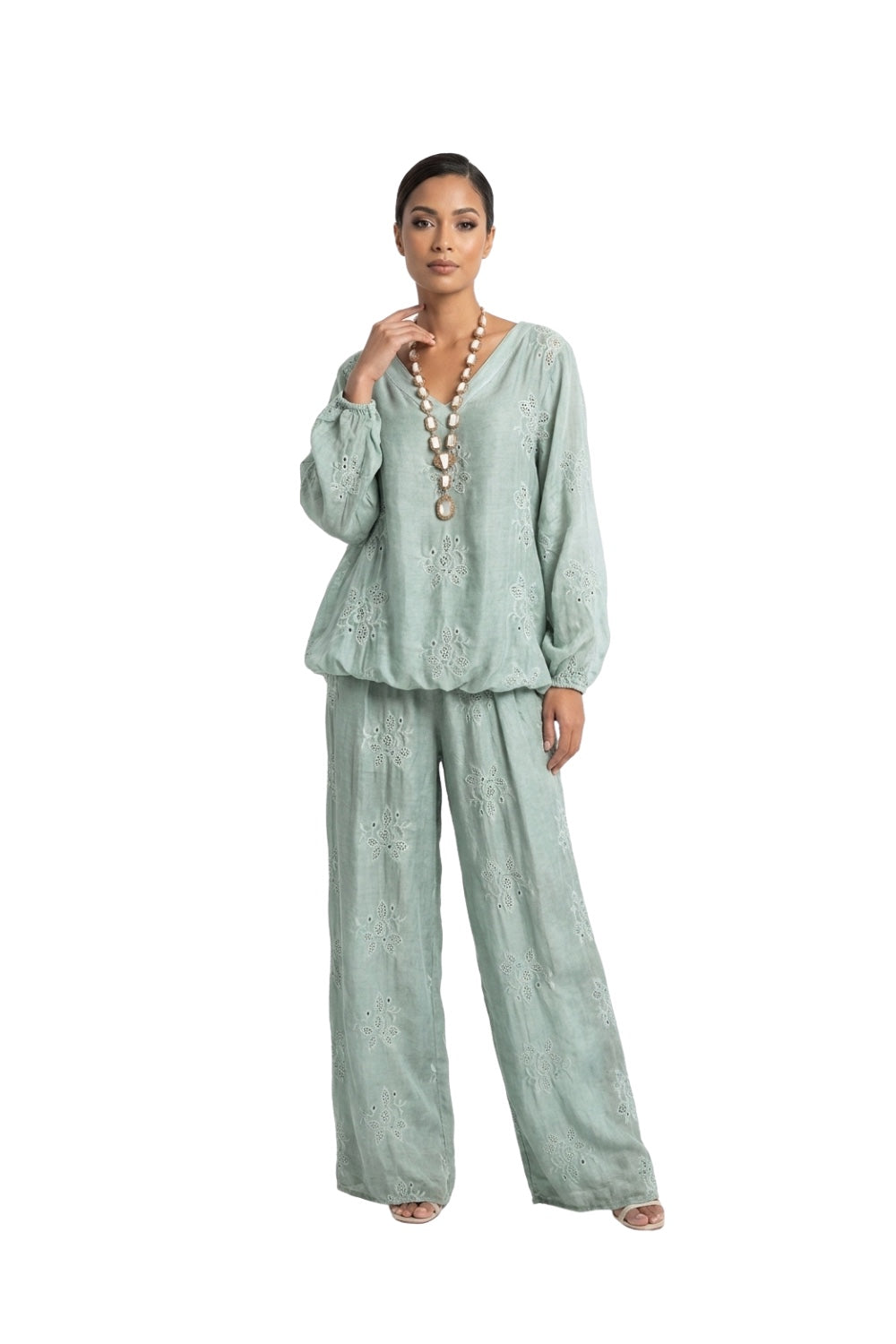 Schiffli Embroidered V-Neck Silk Set