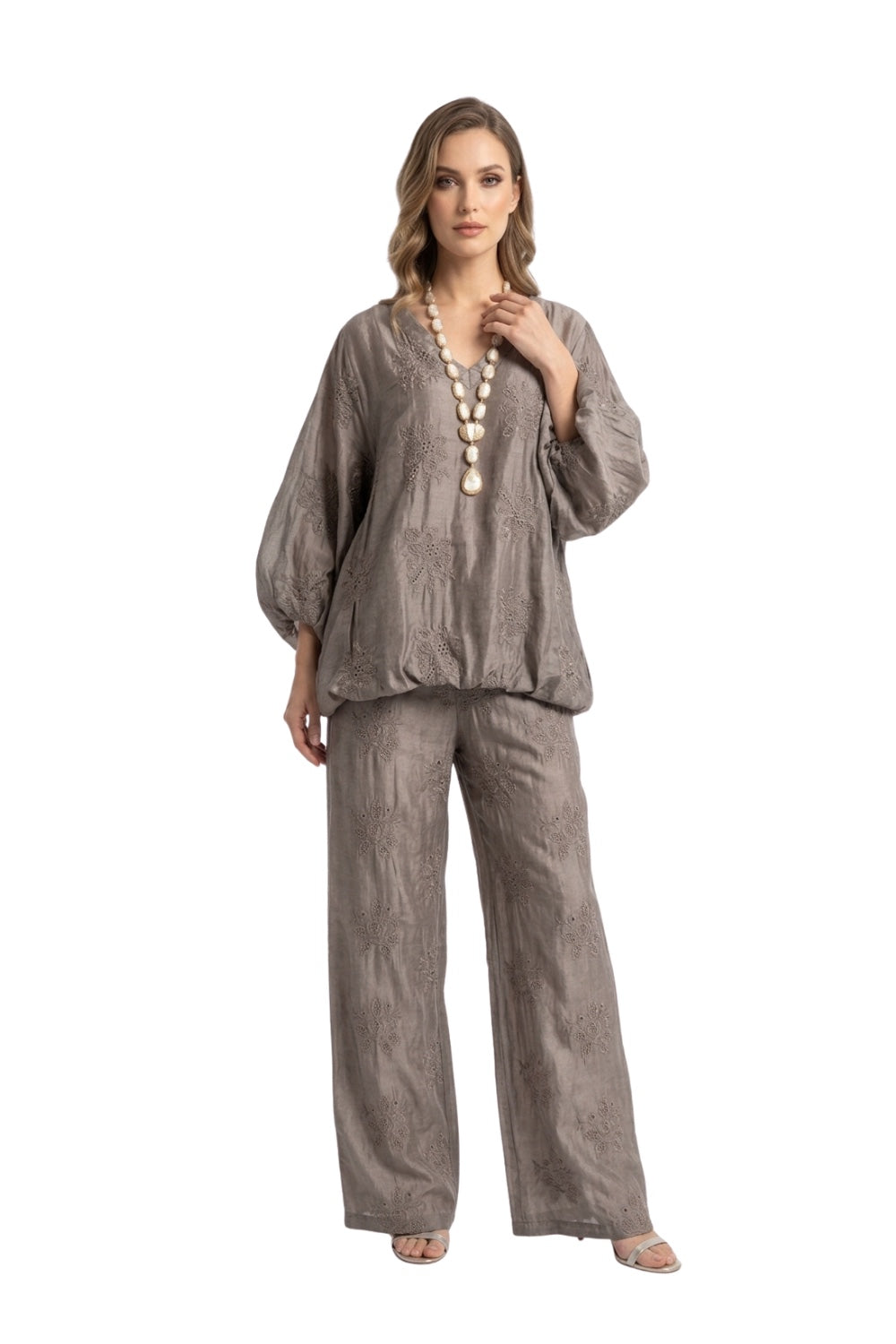 Schiffli Embroidered V-Neck Silk Set